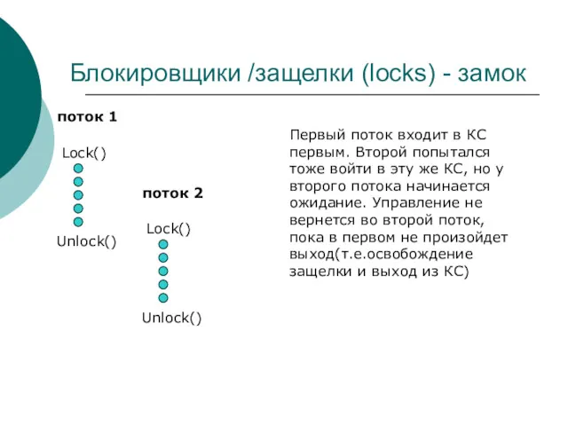 Блокировщики /защелки (locks) - замок поток 1 Unlock() Lock() поток