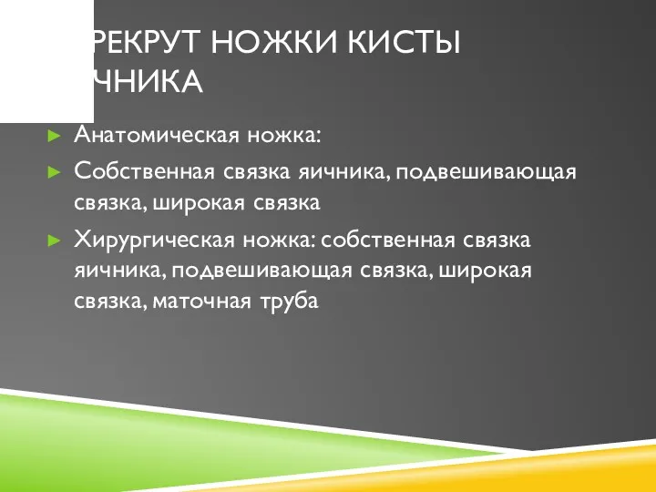 ПЕРЕКРУТ НОЖКИ КИСТЫ ЯИЧНИКА Анатомическая ножка: Собственная связка яичника, подвешивающая