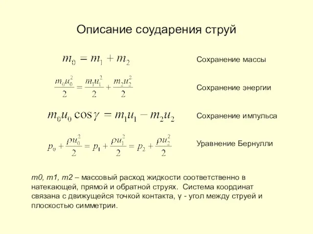 Описание соударения струй Сохранение массы Сохранение энергии Сохранение импульса Уравнение