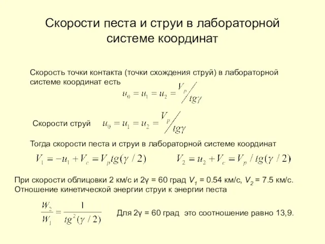 Скорости песта и струи в лабораторной системе координат Скорость точки