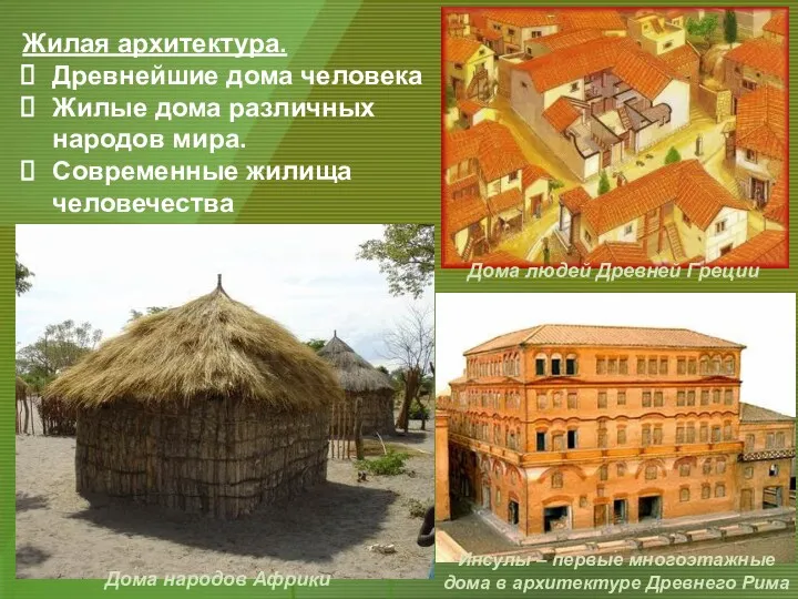 Жилая архитектура. Древнейшие дома человека Жилые дома различных народов мира.