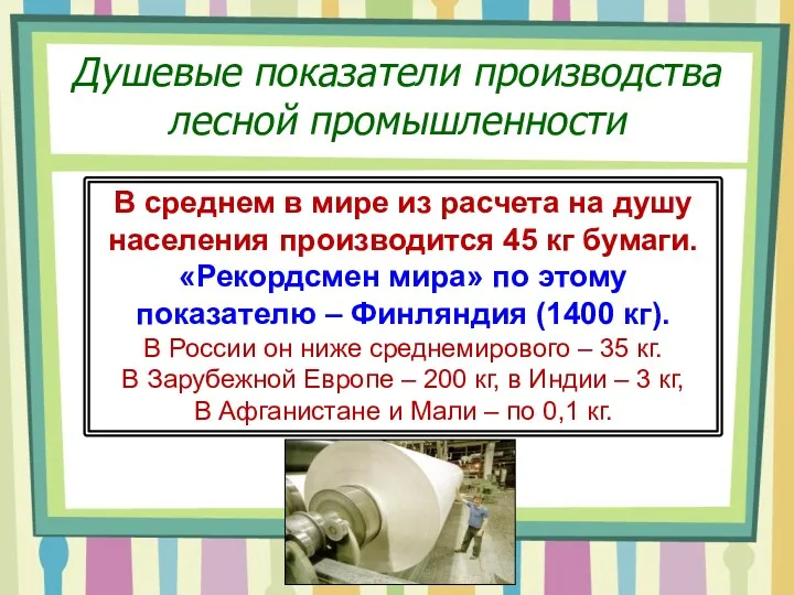 Душевые показатели производства лесной промышленности В среднем в мире из