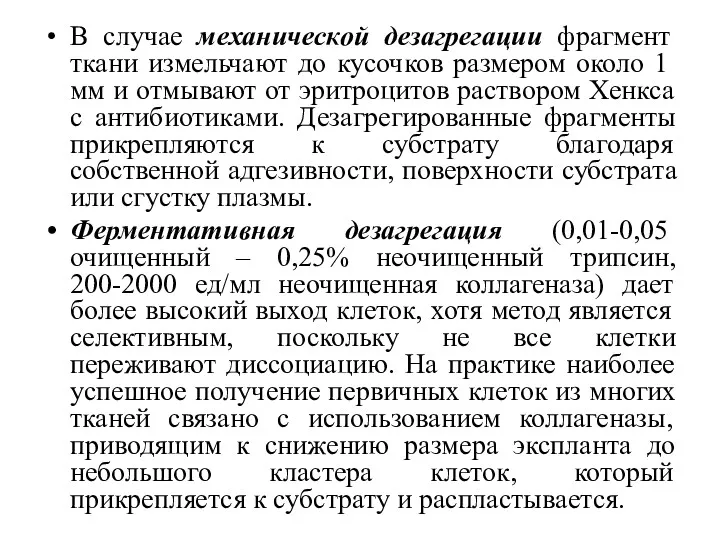 В случае механической дезагрегации фрагмент ткани измельчают до кусочков размером