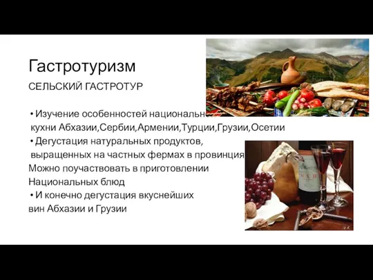 Гастротуризм СЕЛЬСКИЙ ГАСТРОТУР Изучение особенностей национальной кухни Абхазии,Сербии,Армении,Турции,Грузии,Осетии Дегустация натуральных