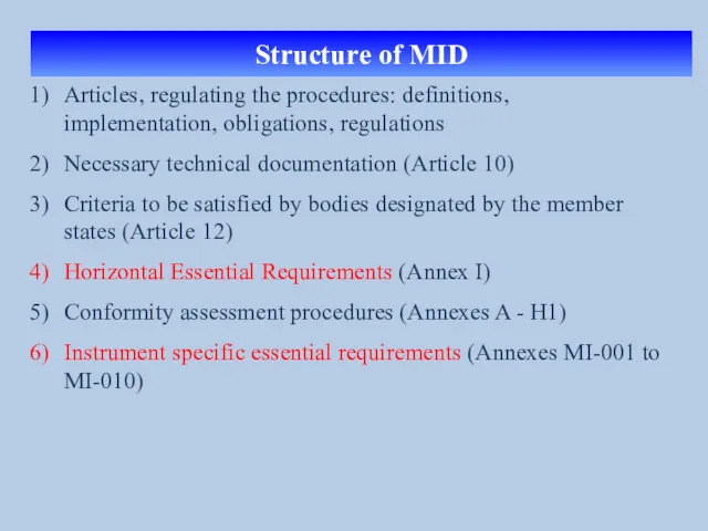 Structure of MID Articles, regulating the procedures: definitions, implementation, obligations,