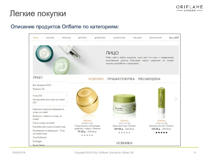 Легкие покупки 25/04/2016 Copyright ©2015 by Oriflame Cosmetics Global SA Описание продуктов Oriflame по категориям: