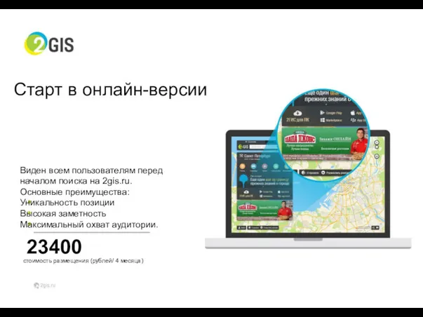 23400 стоимость размещения (рублей/ 4 месяца) Старт в онлайн-версии Виден всем пользователям перед