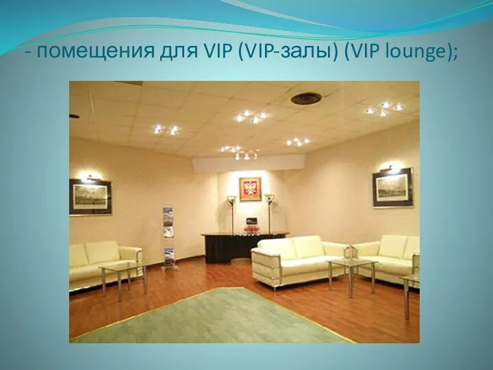- помещения для VIP (VIP-залы) (VIP lounge);