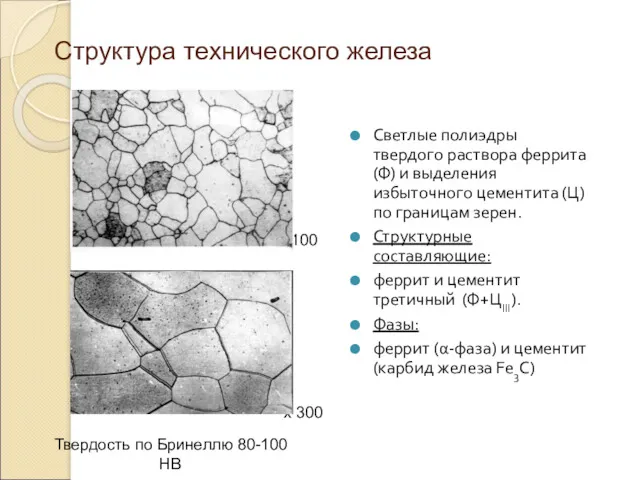 Структура технического железа Светлые полиэдры твердого раствора феррита (Ф) и выделения избыточного цементита