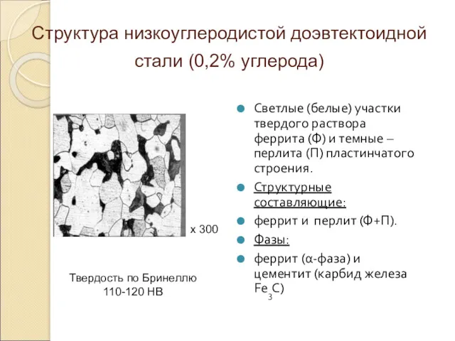 Структура низкоуглеродистой доэвтектоидной стали (0,2% углерода) Светлые (белые) участки твердого раствора феррита (Ф)