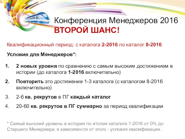 Условия для Менеджеров*: 2 новых уровня по сравнению с самым