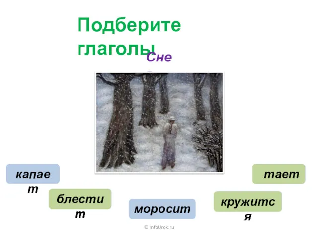 © InfoUrok.ru Подберите глаголы Снег капает моросит тает блестит кружится тает блестит кружится