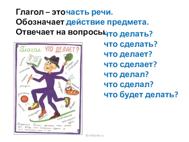 © InfoUrok.ru Глагол – это… Обозначает… Отвечает на вопросы: часть речи. действие предмета.