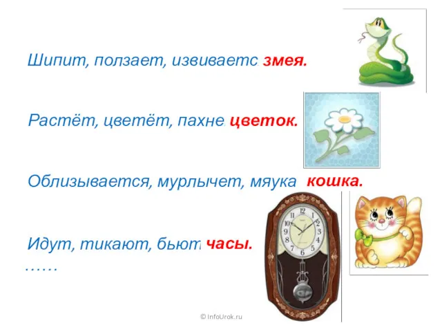 © InfoUrok.ru Шипит, ползает, извивается …… змея. Растёт, цветёт, пахнет …… цветок. Облизывается,
