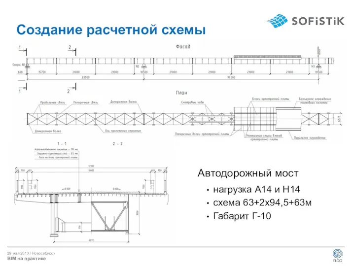 Создание расчетной схемы Автодорожный мост нагрузка А14 и Н14 схема 63+2х94,5+63м Габарит Г-10