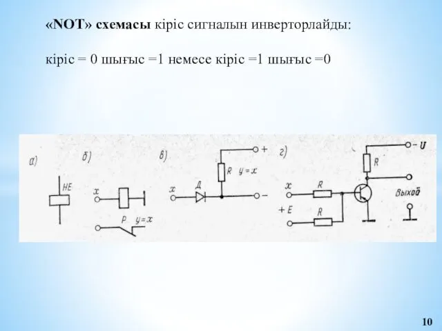 «NOT» схемасы кіріс сигналын инверторлайды: кіріс = 0 шығыс =1 немесе кіріс =1 шығыс =0 10