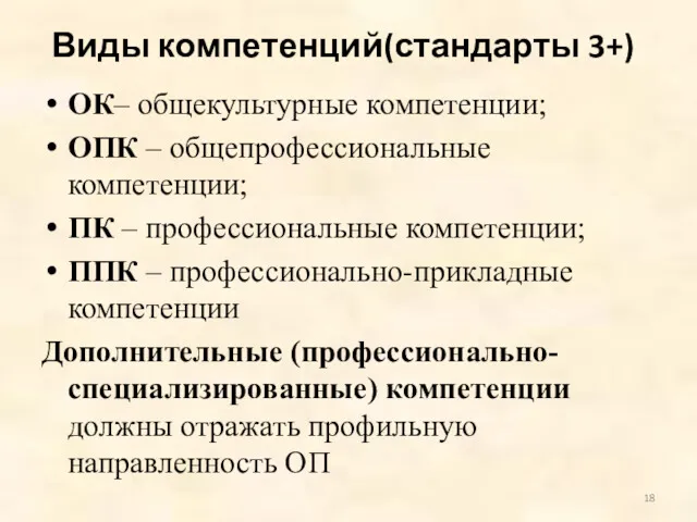 Виды компетенций(стандарты 3+) ОК– общекультурные компетенции; ОПК – общепрофессиональные компетенции; ПК – профессиональные