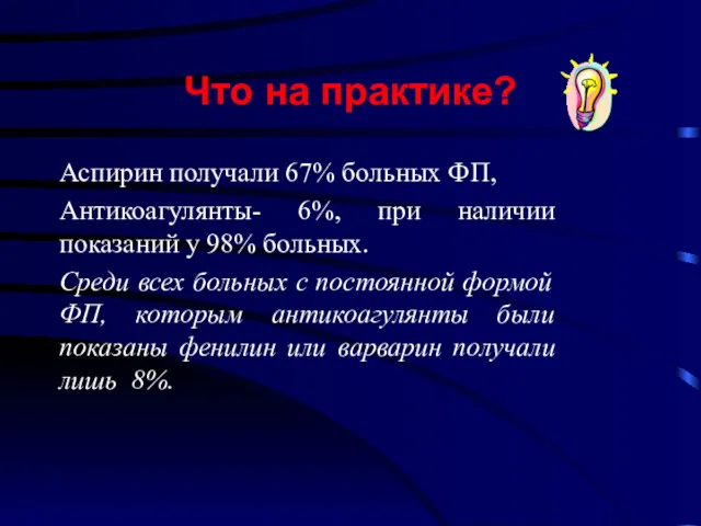 Что на практике? Аспирин получали 67% больных ФП, Антикоагулянты- 6%,