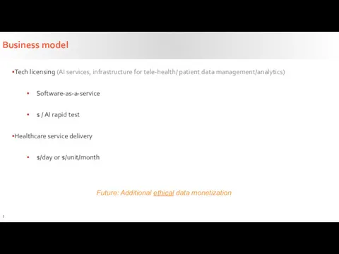 Business model Future: Additional ethical data monetization Tech licensing (AI