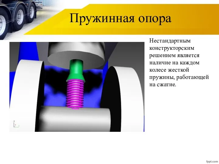 Пружинная опора Нестандартным конструкторским решением является наличие на каждом колесе жесткой пружины, работающей на сжатие.