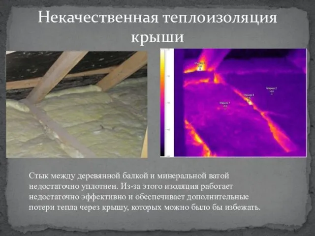 Некачественная теплоизоляция крыши Стык между деревянной балкой и минеральной ватой недостаточно уплотнен. Из-за