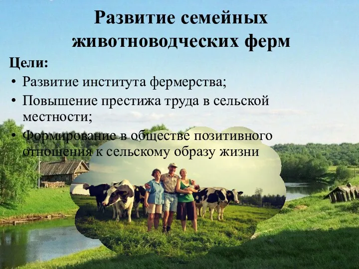 Развитие семейных животноводческих ферм Цели: Развитие института фермерства; Повышение престижа труда в сельской