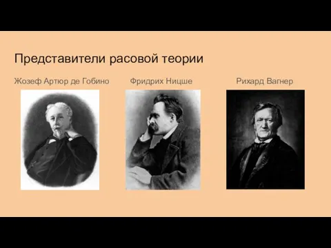 Представители расовой теории Жозеф Артюр де Гобино Фридрих Ницше Рихард Вагнер