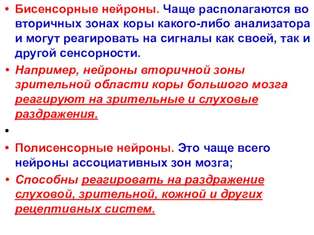 Бисенсорные нейроны. Чаще располагаются во вторичных зонах коры какого-либо анализатора