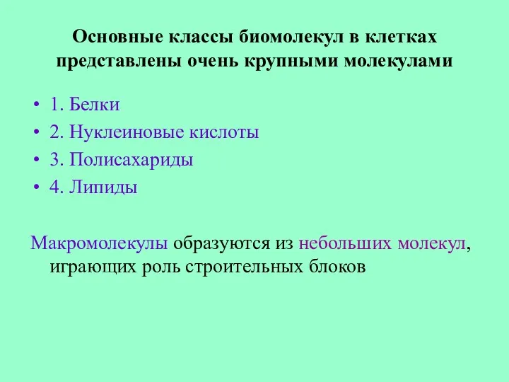 Основные классы биомолекул в клетках представлены очень крупными молекулами 1.