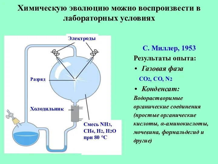 Химическую эволюцию можно воспроизвести в лабораторных условиях С. Миллер, 1953