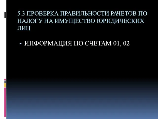 5.3 ПРОВЕРКА ПРАВИЛЬНОСТИ РАЧЕТОВ ПО НАЛОГУ НА ИМУЩЕСТВО ЮРИДИЧЕСКИХ ЛИЦ ИНФОРМАЦИЯ ПО СЧЕТАМ 01, 02