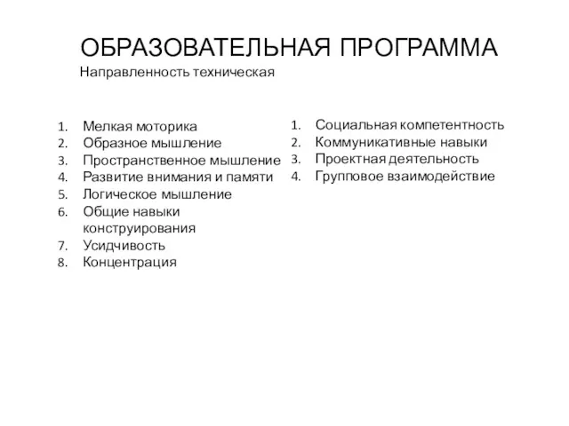 ОБРАЗОВАТЕЛЬНАЯ ПРОГРАММА Направленность техническая Мелкая моторика Образное мышление Пространственное мышление