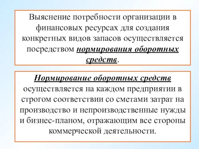 Выяснение потребности организации в финансовых ресурсах для создания конкретных видов запасов осуществляется посредством