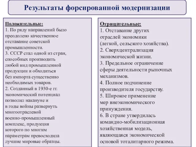 Результаты форсированной модернизации Положительные: 1. По ряду направлений было преодолено