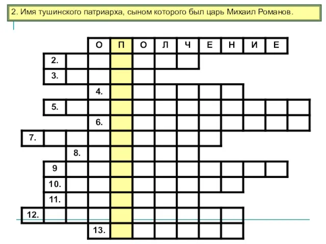 2. Имя тушинского патриарха, сыном которого был царь Михаил Романов.