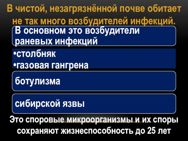 В основном это возбудители раневых инфекций столбняк газовая гангрена ботулизма