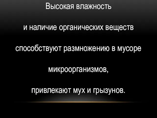 Высокая влажность и наличие органических веществ способствуют размножению в мусоре микроорганизмов, привлекают мух и грызунов.