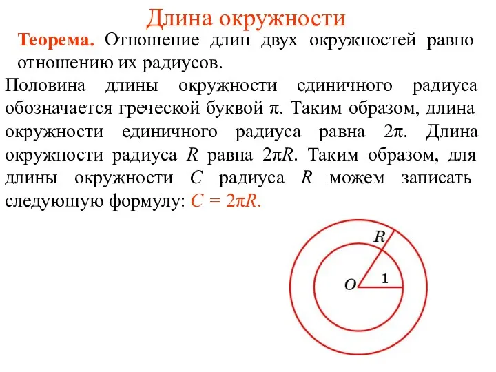 Длина окружности Половина длины окружности единичного радиуса обозначается греческой буквой