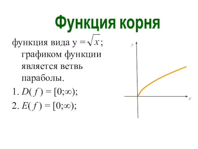 функция вида y = ; графиком функции является ветвь параболы.