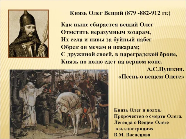 Князь Олег Вещий (879 -882-912 гг.) Как ныне сбирается вещий