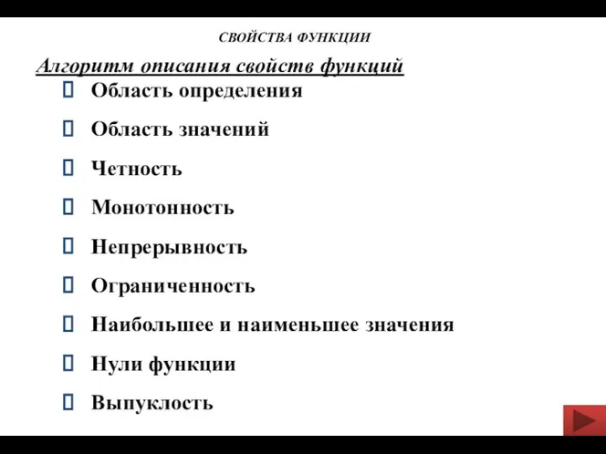 Алгоритм описания свойств функций Область определения Область значений Четность Монотонность