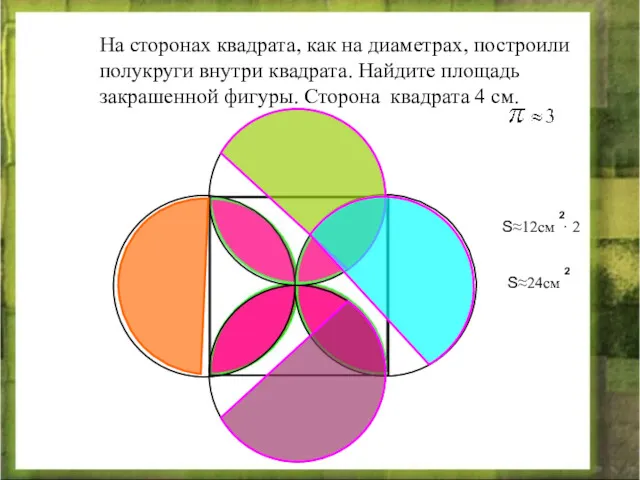 На сторонах квадрата, как на диаметрах, построили полукруги внутри квадрата.