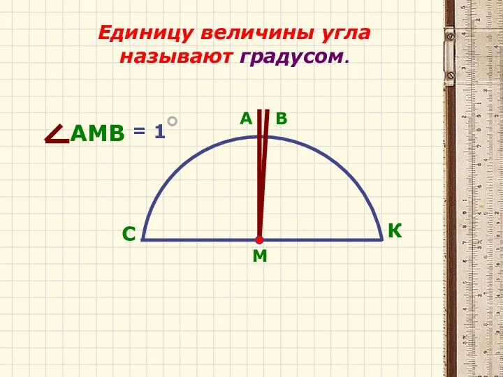 Единицу величины угла называют градусом. С К М А В АМВ = 1