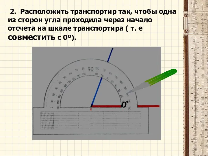 2. Расположить транспортир так, чтобы одна из сторон угла проходила через начало отсчета