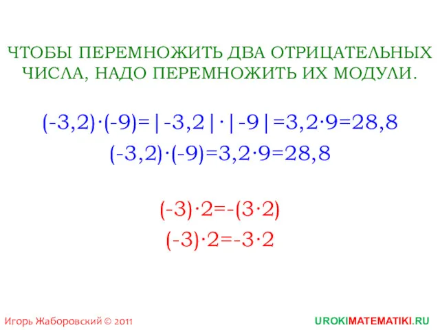 Игорь Жаборовский © 2011 UROKIMATEMATIKI.RU (-3,2)∙(-9)=|-3,2|∙|-9|=3,2∙9=28,8 (-3,2)∙(-9)=3,2∙9=28,8 ЧТОБЫ ПЕРЕМНОЖИТЬ ДВА