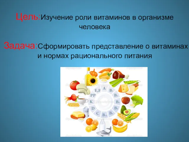 Цель:Изучение роли витаминов в организме человека Задача:Сформировать представление о витаминах и нормах рационального питания