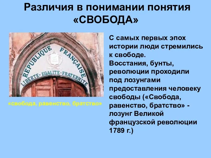 Различия в понимании понятия «СВОБОДА» «свобода, равенство, братство» С самых