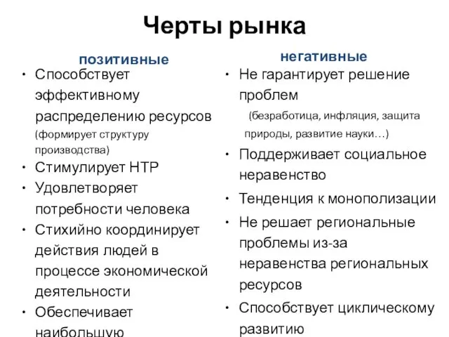 Черты рынка позитивные Не гарантирует решение проблем (безработица, инфляция, защита