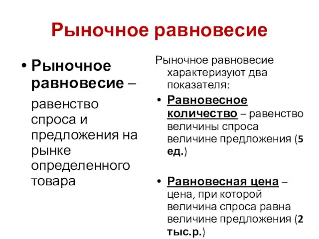 Рыночное равновесие Рыночное равновесие – равенство спроса и предложения на