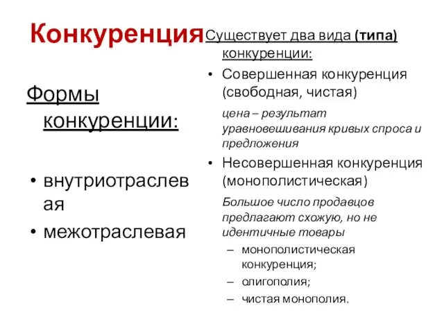 Конкуренция Формы конкуренции: внутриотраслевая межотраслевая Существует два вида (типа) конкуренции: